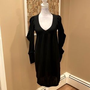 NWT.  Scoop Black 100% Merino Wool V Neck Sweater Dress Puff Sleeves
